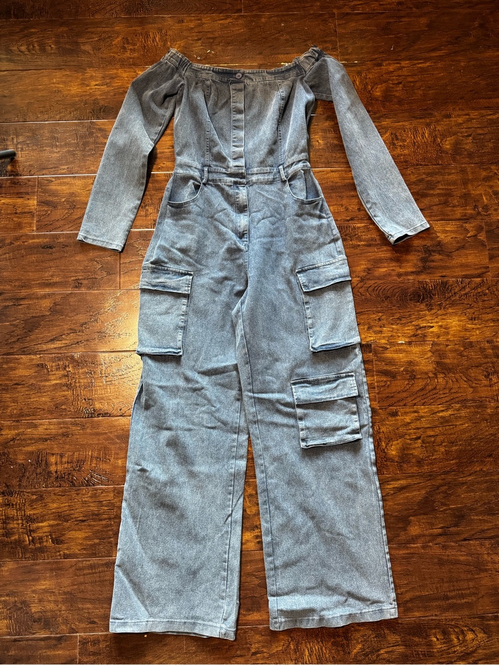 NWOT T&Licious Long Sleeve Cargo Denim Off The Shoulder Jumpsuit